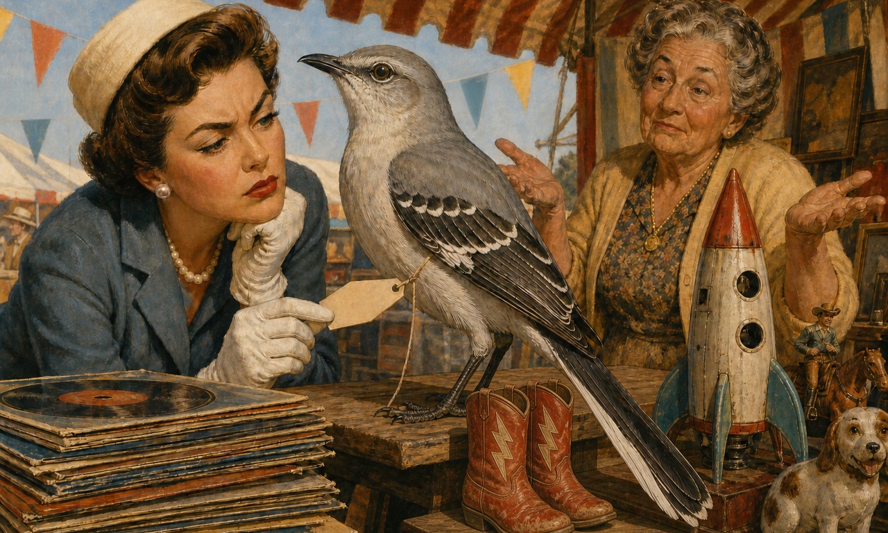 Cover of Issue 2: At a secondhand market stall, a woman in gloves and a pillbox hat skeptically inspects the price tag tied to the leg of a giant mockingbird perched on the table, while the elderly stall keeper spreads her hands; on the table, a stack of records, small red cowboy boots, a toy rocket, and a ceramic dog.