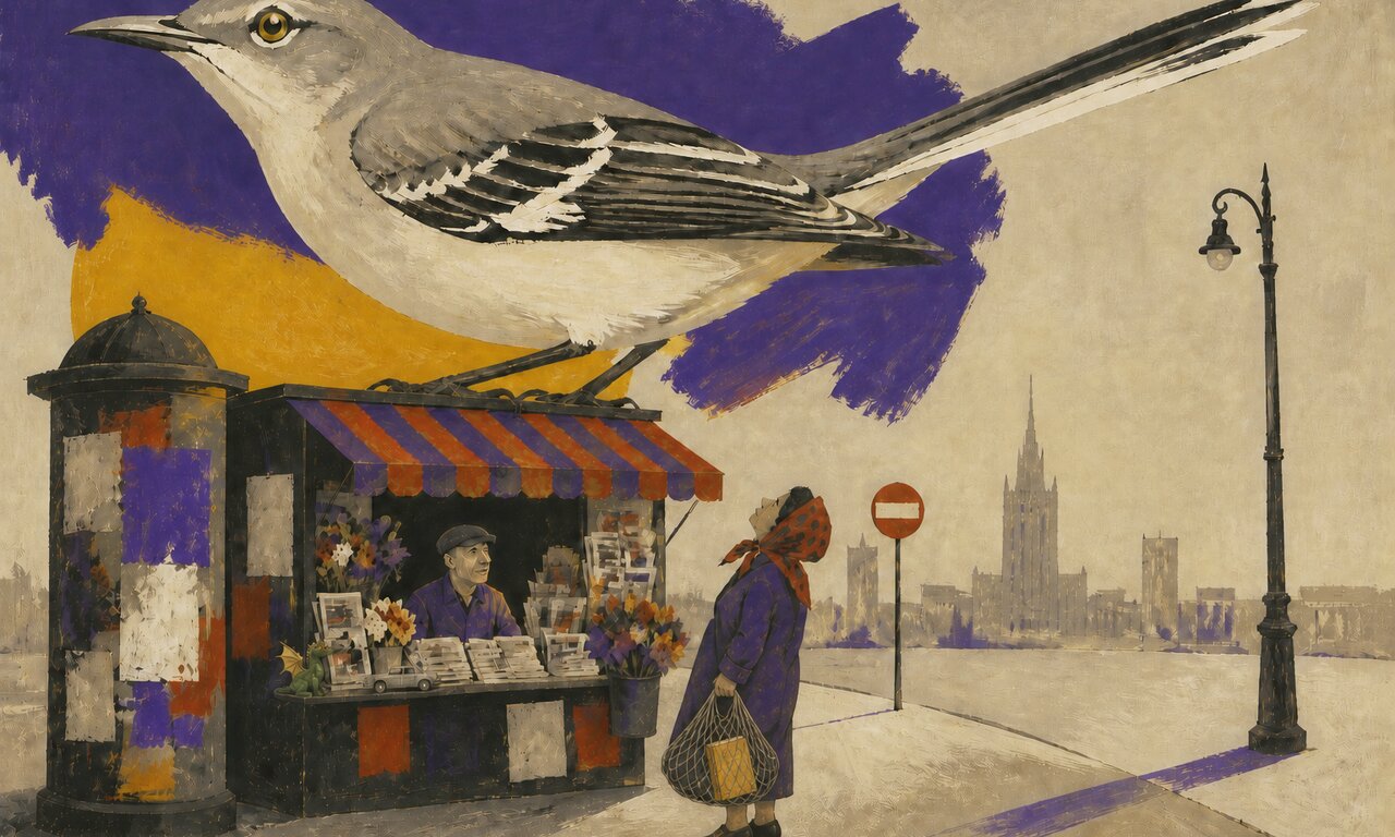 Cover of Issue 3: In 1965 Polish Poster School style, an enormous gray mockingbird perches on a small Warsaw flower-and-newspaper kiosk against a violet-and-ochre sky. The keeper looks out from his window, a tiny green dragon figurine and a toy car among his wares, while a woman in a polka-dot headscarf looks up astonished, a hardback book tucked in her string shopping bag. A city skyline and lamp post stand behind.
