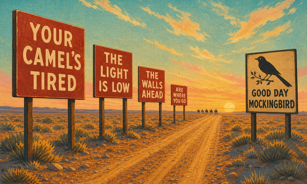 Cover of Issue 4: In mid-century poster style, a row of red roadside signs along a desert track at sunset reads YOUR CAMEL'S TIRED, THE LIGHT IS LOW, THE WALLS AHEAD, ARE WHERE YOU GO, with a distant camel caravan on the horizon and, at right, a cream sign bearing a black mockingbird silhouette and the words GOOD DAY MOCKINGBIRD.