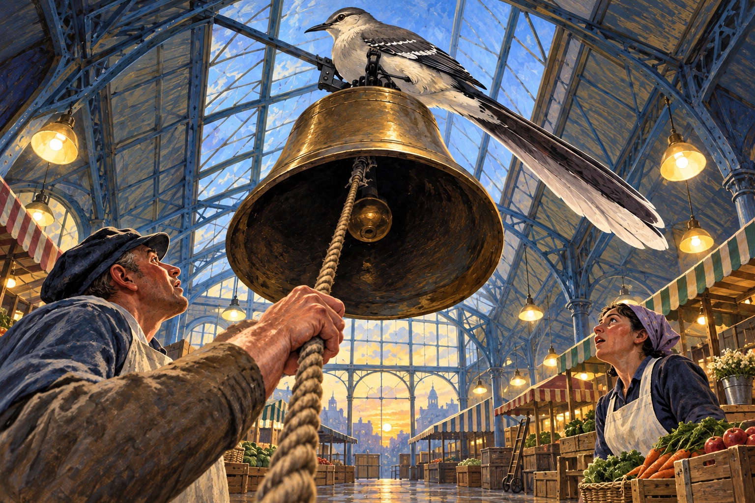 Cover of Issue 5: Seen from the floor of a glass-roofed market hall at dawn, a great brass bell hangs from the iron trusses with a giant gray mockingbird perched calmly on its crown; below, a bell-ringer in a flat cap grips the slack rope and stares up, and a market woman in a headscarf looks up from the right, while the lit and empty stalls recede toward a low sun in the end window.