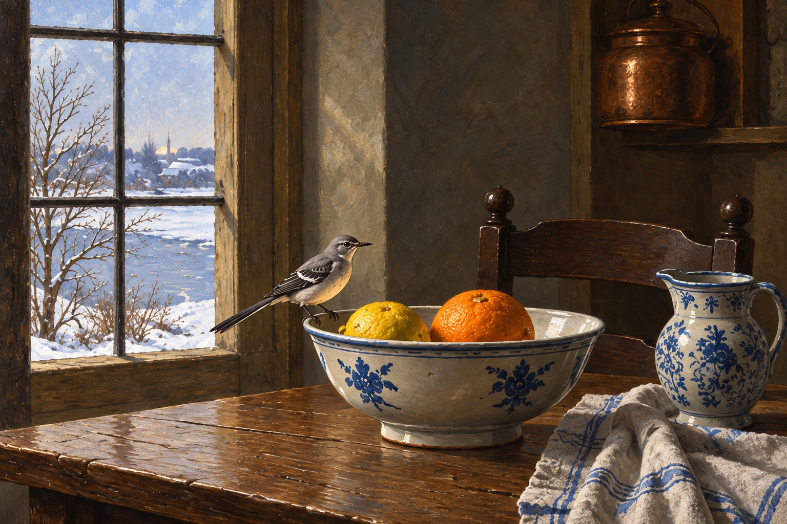 A quiet winter still life: on a worn wooden table beside a window full of snow, bare trees and a far village, a blue-and-white bowl holds a lemon and an orange, a grey-and-white mockingbird perched on its rim; a blue-and-white jug and a striped cloth sit beside it, a ladder-back chair and a copper pot behind, in cool window light against warm shadow.