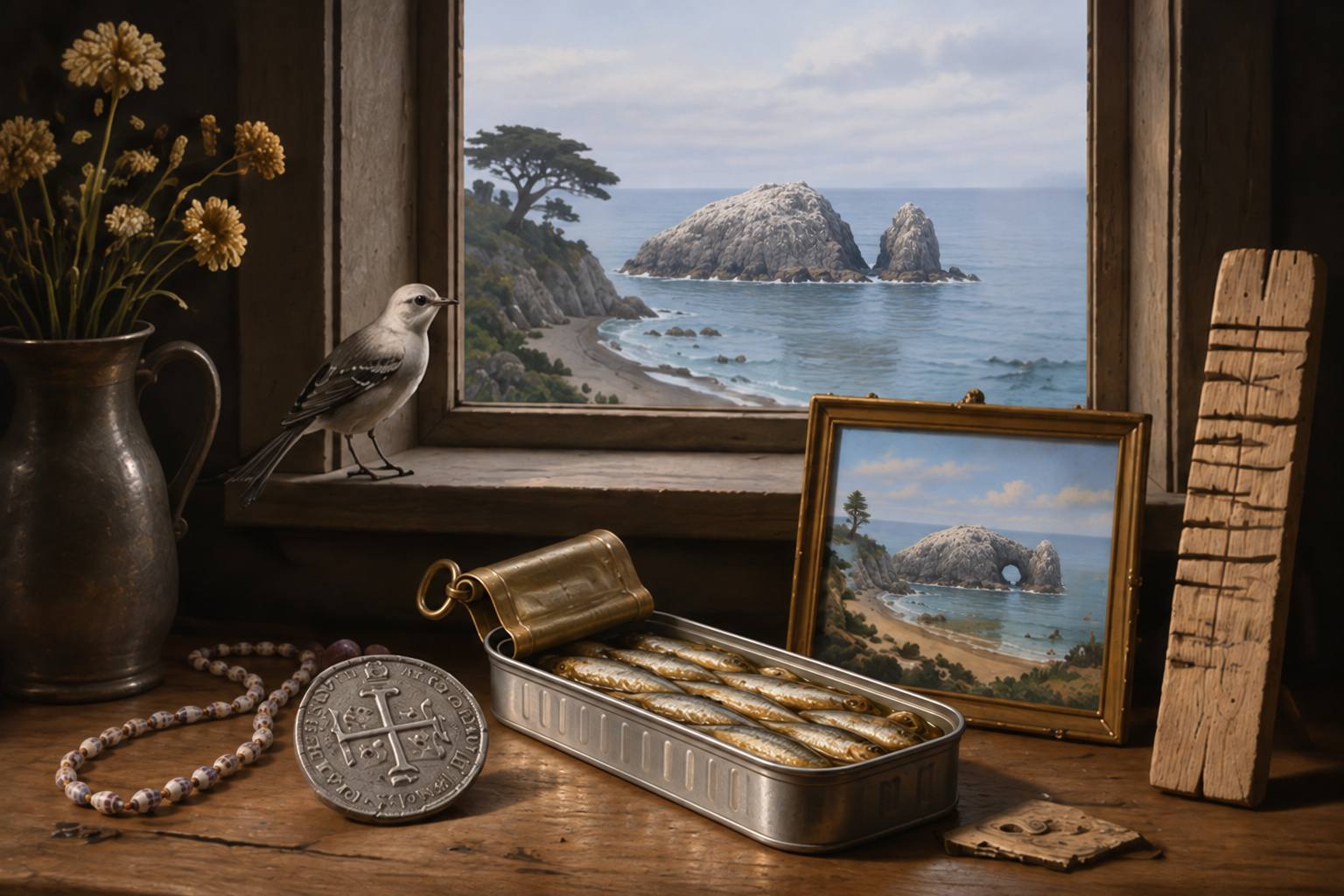 A Dutch-style still life on a worn wooden table below a window: a long open tin of sardines with its key-rolled lid, an old silver coin, a loop of tiny shell beads, a notched wooden tally stick, a pewter jug of dried flowers, and a mockingbird on the sill; through the window a granite rock stands offshore with two horns and a gap between them, and in a small gilt-framed painting on the table the same rock, with a younger cypress on the point, still has its arch.