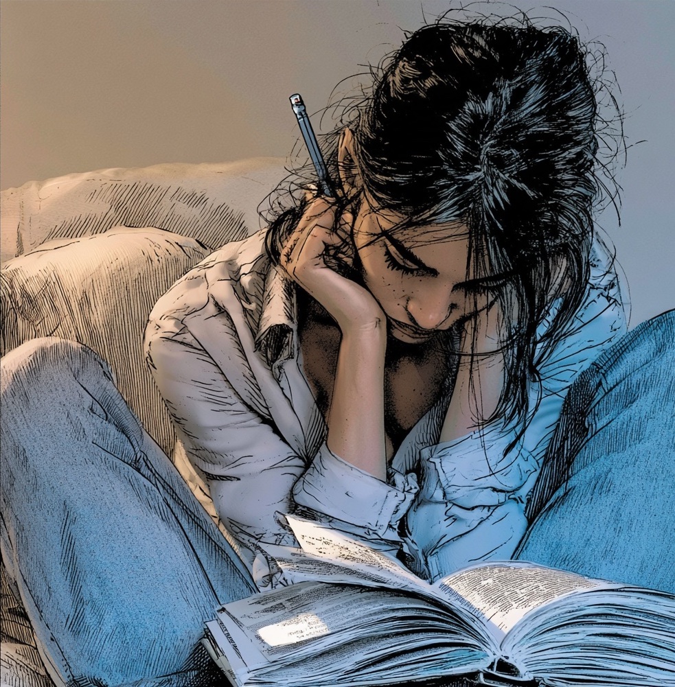 In comic-book style, a young woman curled against couch cushions reads a thick open book on her knees, one hand holding a pencil to her temple, dark hair falling loose across her face.