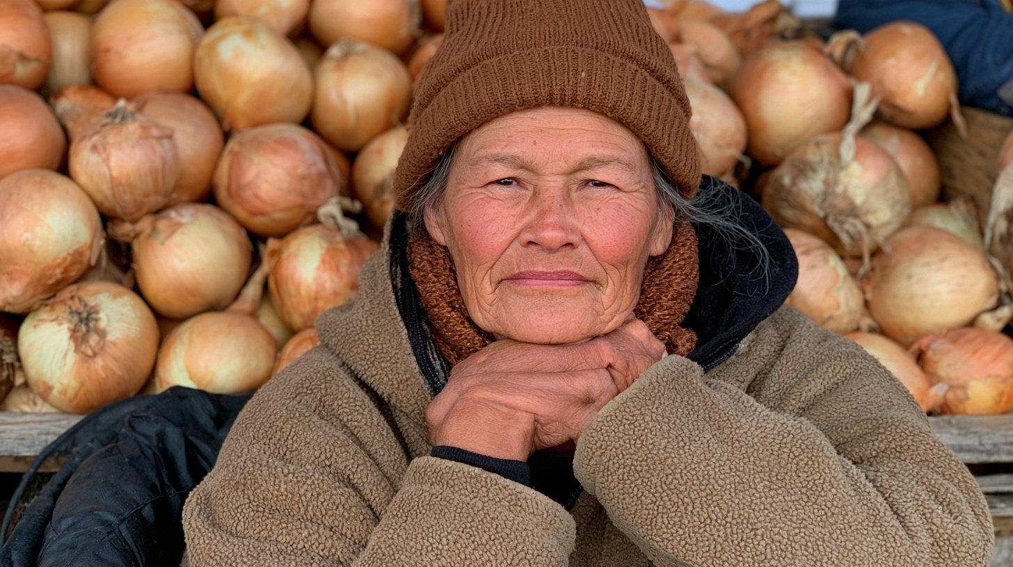 A weathered woman in a brown knit cap and a fleece jacket rests her chin on her folded hands and looks straight at the camera, in front of a stall heaped with yellow onions.