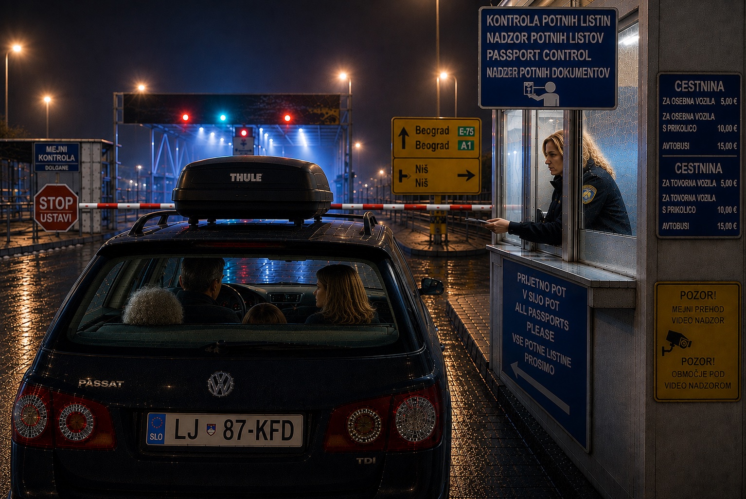 At a rainy night border crossing, a dark station wagon with a roof box waits at a lit control booth where a uniformed officer leans from the window handing back documents, blue signage and barrier lights reflecting on the wet tarmac.