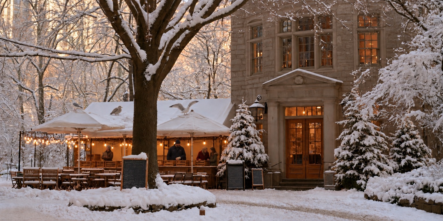 Snow-covered trees in golden winter light beside a stone building with lit windows; under a snowy tent and white umbrellas a small market stall is strung with glowing bulbs, its counters bare and its crates empty; behind them wait a grey-haired woman holding a clipboard, a broad bearded man in a navy jacket and knit cap, and a very old woman in a headscarf on the arm of her young granddaughter; three gulls on the tent roof, one standing, one young and hunched against the cold, one landing with its wings open, and empty tables and chairs dusted with snow and blank chalkboards stand out front.