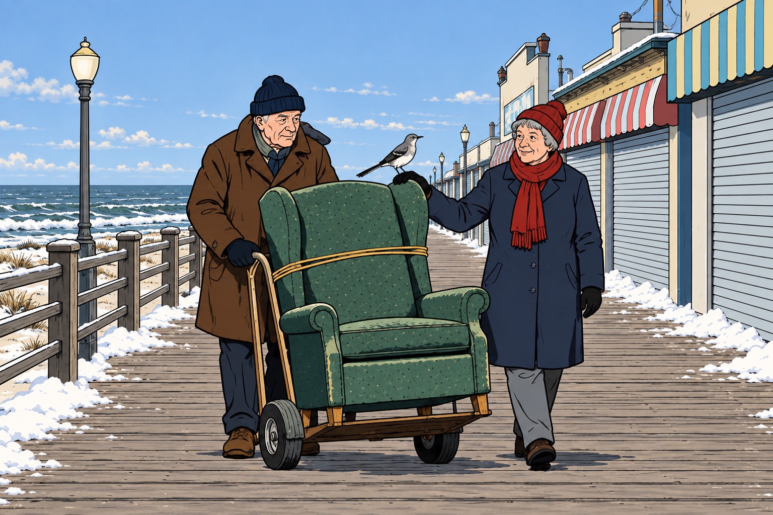 On a winter boardwalk lined with shuttered stands, an old man in a brown overcoat and knit cap wheels a green wing chair strapped to a hand truck while a smiling woman in a navy coat and red scarf walks beside him with her hand on the chair's top rail, a small mockingbird perched on the chair's wing, the grey sea beyond the railing.