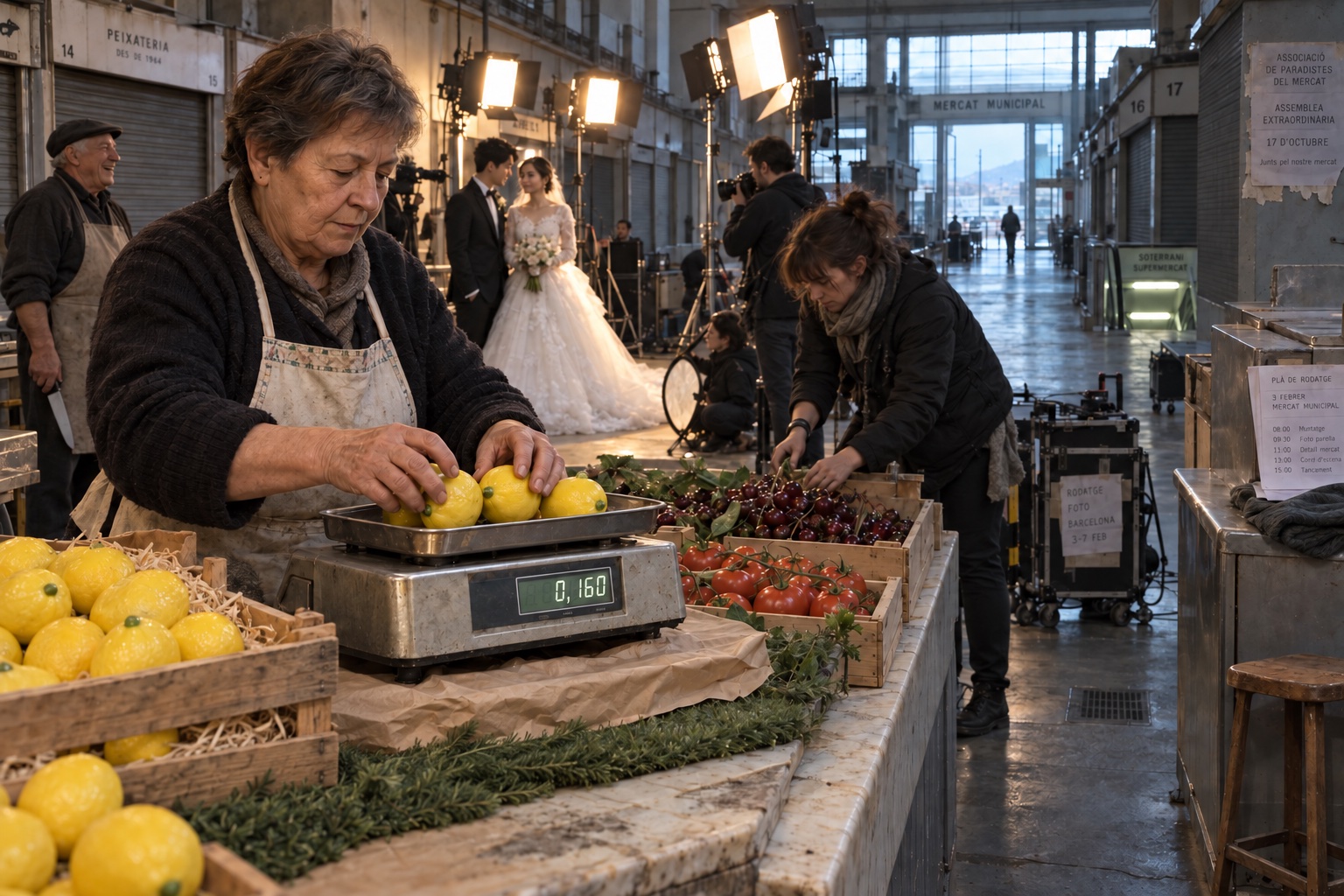In a shut market hall lit by photographers' lamps, a grey-haired stallholder in an apron sets four lemons on a steel scale reading 0,160 at a marble counter heaped with crates of lemons, with cherries and vine tomatoes beyond; behind her a crew member arranges the fruit, a photographer shoots a bride and groom in front of shuttered stalls, and an old poultryman with a knife laughs at the left.