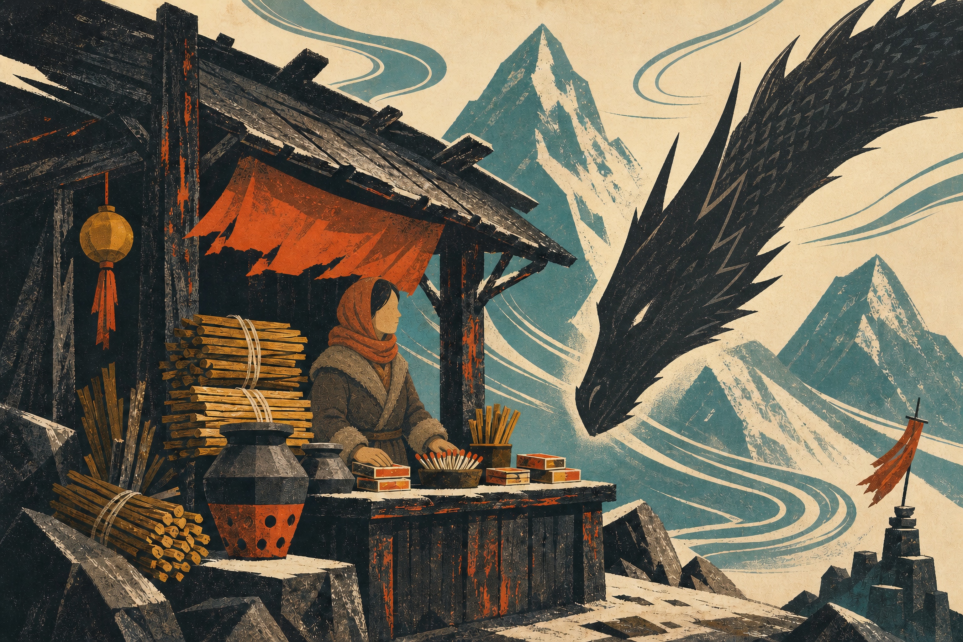 At a dark timber fire stall in a windy mountain saddle, a stallkeeper in an orange headscarf stands at her counter of kindling bundles, clay pots, and matchboxes as a great dark dragon lowers its head toward her against snow peaks and swirling wind lines.