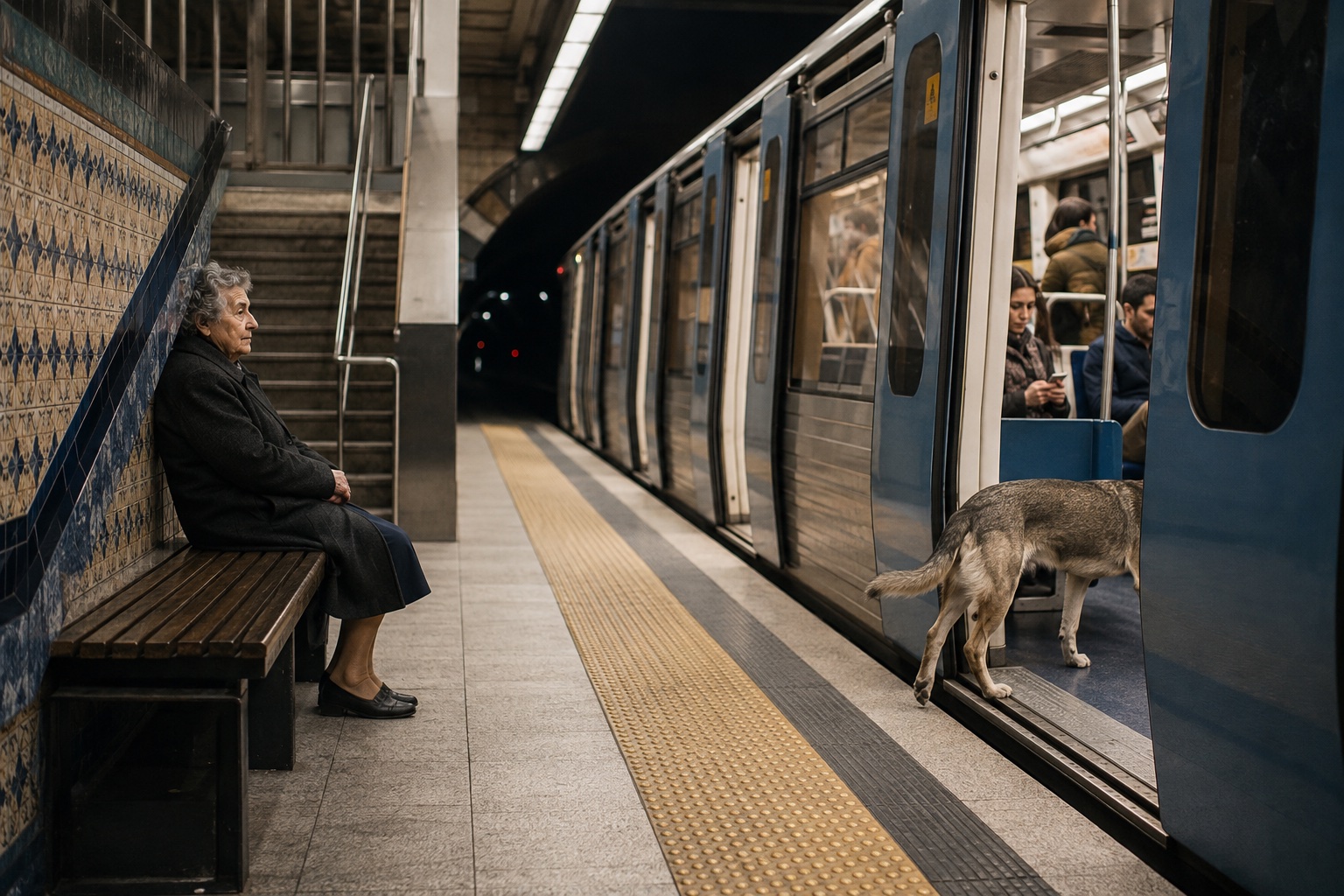 On a metro platform faced with blue-and-yellow tiles, an old woman in a dark coat sits alone on a wooden bench with her hands folded, while a grey dog steps off a blue train through its open doors.