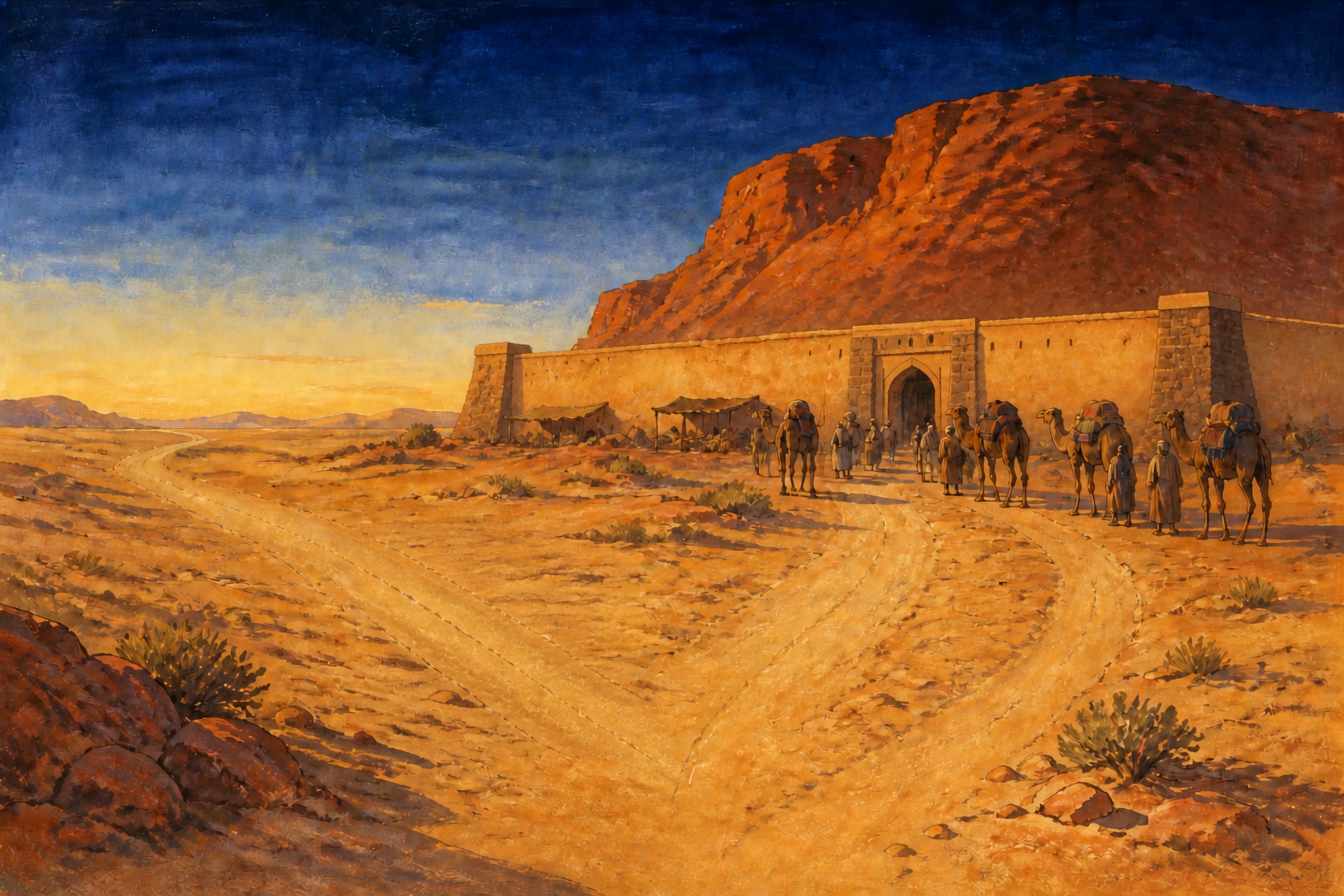 At sunset under a red cliff, a lone square-walled desert inn with one arched gate and squat corner bastions; camels and travelers gather at the gate, and two sandy roads fork in the foreground toward the viewer.
