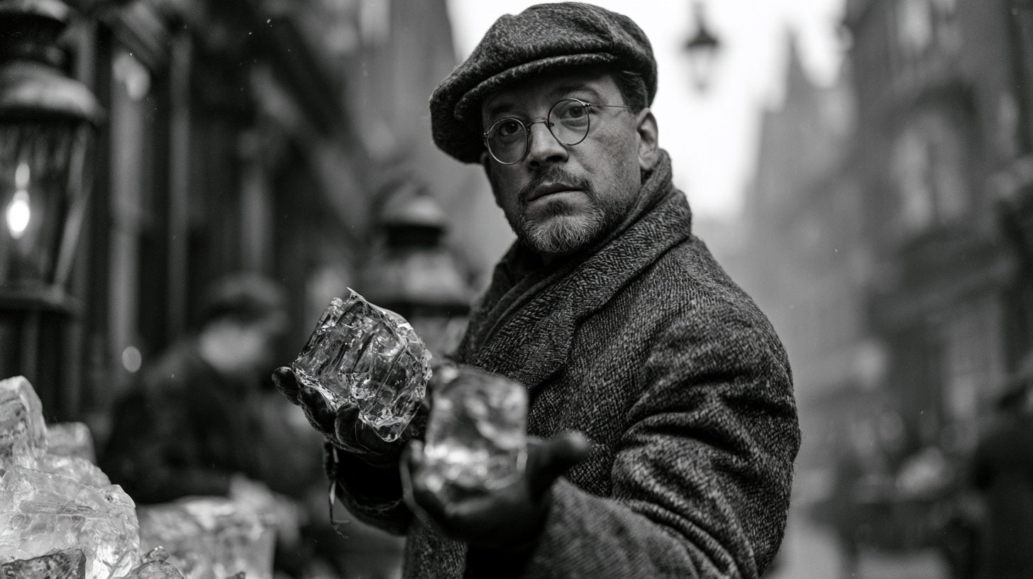 A black-and-white photograph in an old street under gas lamps: a man in a tweed cap, round glasses and a heavy overcoat holds up two lumps of block ice in gloved hands and looks straight at the camera, a stack of ice behind him.