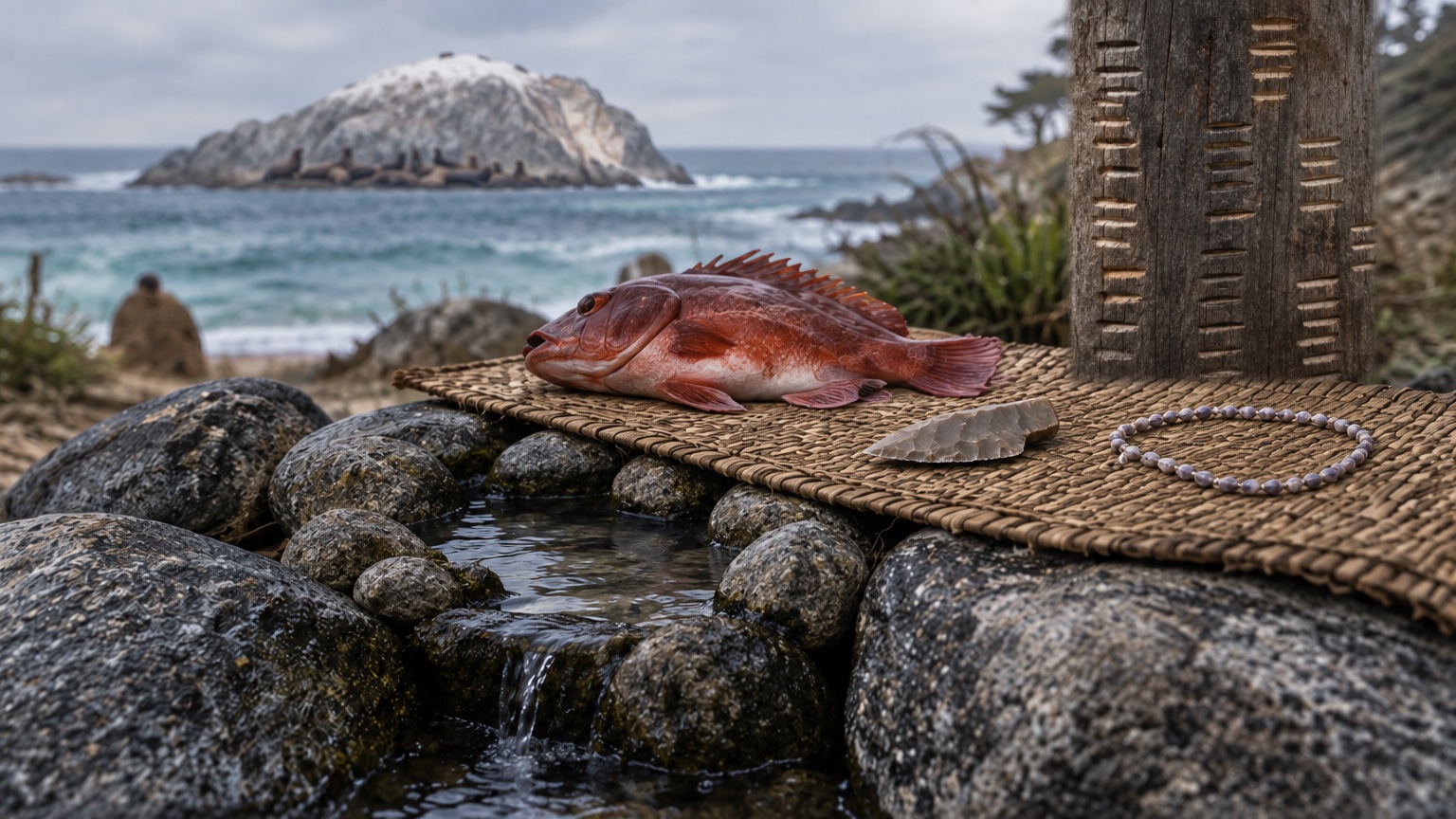 A still life at a spring among rounded granite boulders on a grey autumn day: a red rockfish lies on a woven tule mat beside a small chert flake knife and a loop of tiny shell beads, clear water wells up in a pool ringed with stones and trickles over its lip, a weathered wooden post notched with columns of short tally cuts rises at the right, and out at sea a pale granite rock with a white top sits beyond the surf with sea lions crowded on a ledge at its foot; a distant figure sits on the beach at the far left.