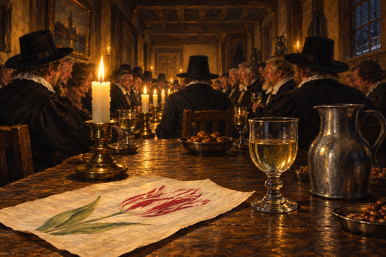 Two in the morning in a candlelit Dutch tavern, a long table crowded with men in black coats, white ruffs and tall hats receding into warm shadow; in the sharp foreground a loose watercolour sheet of a flamed red-and-white tulip lies on the bare wood beside a glass of pale Rhenish wine and a pewter jug.