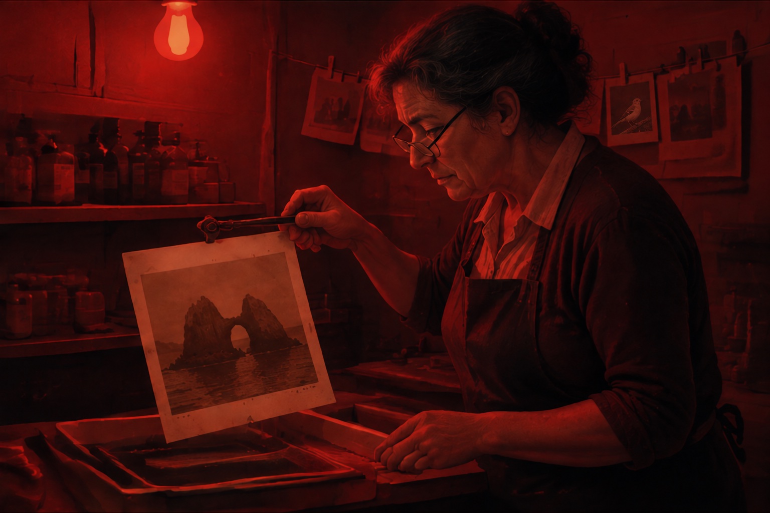 In a garage darkroom under a red safelight, a grey-haired woman in glasses and an apron lifts a wet print from the developing tray with tongs; the print shows a rock with a round arch through it on a calm sea, and behind her small prints hang drying on a line, one of them a mockingbird.
