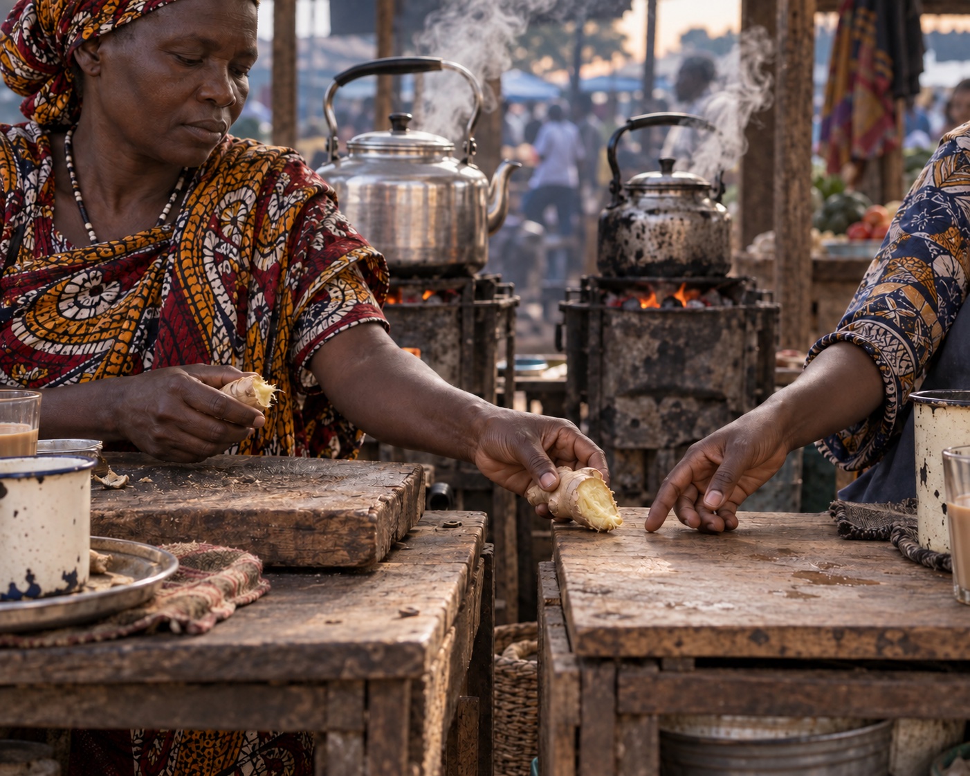 At dawn in an open-air market, two women in printed cloth face each other across two rough wooden tea stalls, kettles steaming on charcoal stoves behind them; one holds out a root of ginger broken in two and the other reaches for it.